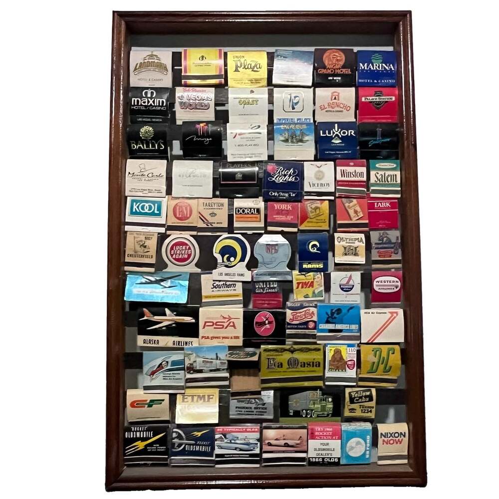 Vintage Matchbook Display Case Wood Wall Frame Lot 50+ Winston Hotel Cars Sports